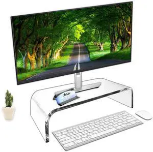 AMT 16 Inch Acrylic Laptop Monitor Stand, Computer Riser with Cat Keyboard Protector, Space-Saving Design, Extra Storage, Clear Shelf - Ideal for Monitors, Laptops, Printers, Desktop Decor