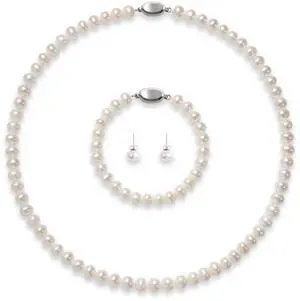 Freshwater Cultured Pearl Necklace Set for Women - 7-8mm AAA Round Real Pearl Jewelry Set Includes Necklace, Bracelet, Earrings, Perfect for Wedding, Party, Anniversary