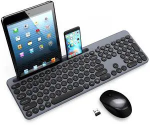 LeadsaiL Wireless Keyboard and Mouse Combo, Full-Sized Ergonomic Computer Keyboard with Phone Tablet Holder, 2.4GHz Silent Cordless Keyboard Mouse Set for Windows Laptop, PC, Desktop - Grey