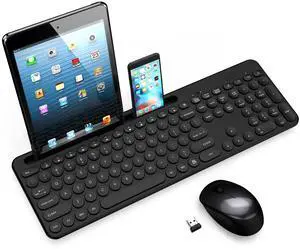 LeadsaiL Wireless Keyboard and Mouse, Full-Sized Ergonomic Computer Keyboard with Phone Tablet Holder, 2.4GHz Silent Cordless Keyboard Mouse Set for Windows Laptop, PC, Desktop - Black