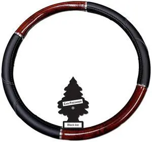 18" Large Steering Wheel Cover for Peterbilt Freightliner Big Rig Trucks  Black Dark Wood Grain Soft Leather Grip + Air Freshener Bundle