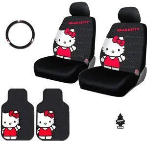 Yupbizauto New 6PC Plasticolor Hello Kitty Core Auto Fabric Car Truck SUV Accessories Interior Combo Kit Bundle Gift Set