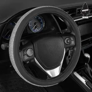 Bling Silver Glitter Diamond Leather Steering Wheel Cover with 9 Rows Crystal Rhinestones, Fits Wheels 14.5-15 inch for Women/Girls