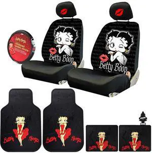 New Platicolors Betty Boop Car Accessories Set New Seat Covers, Front Rubber Mats, Steering Wheel Cover Hot Lip Headrest Covers Stylish Protection for Cars SUVs Trucks & Vans