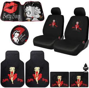 Platicolors Betty Boop Skyline Design Car Accessories Bundle Set New Seat Covers, Front and Rear Rubber Mats, Steering Wheel Cover Sun Shade Air FreshenerProtection for Cars SUVs Trucks & Vans
