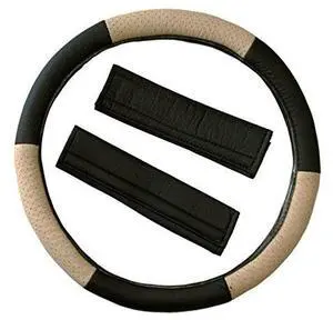 NEW RACING STYLE 2 TONE LEAHTERETTE CAR TRUCK STEERING WHEEL COVER WITH SHOULDER PADS (BLACK/TAN)