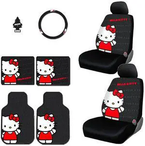 New Design 8 Pieces Hello Kitty Car Seat Cover with 4 Rubber Mats, Steering Wheel Cover and Air Freshener Bundle Set