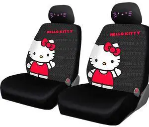 Yupbizauto Hello Kitty Cord Car Seat Cover Set  Pink Embroidered Kitty Face Headrest Covers & Air Freshener Bundle