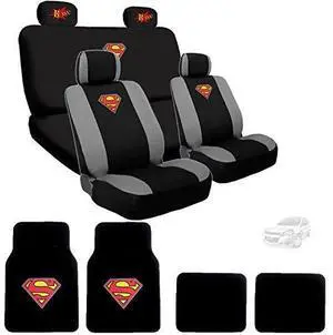Ultimate Superman Car Seat Covers Floor Mats Set from BDK Bundled with Classic BAM! Logo Headrest Covers