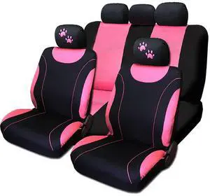 Yupbizauto Pink & Black Auto Car Seat Covers Full Set For Women 2 Tone Design with Embroidered Pink Paw Headrest Covers, Universal Fit Durable Stylish Protection for Cars