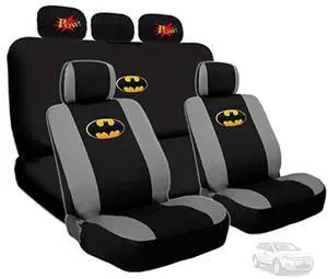 Deluxe BDK Batman Car Seat Covers with 2 Classic POW! Logo Headrest Covers Bundled Gift Set