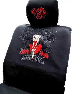 New Betty Boop Skyline Design Car Accessories Set New Seat Covers, Front and Rear Rubber Mats, Steering Wheel Cover Embroidered Headrest Covers Stylish Protection for Cars SUVs Trucks