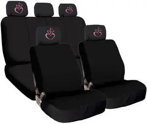 New Black Flat Cloth Universal Fit Car Truck Seat Covers With Embroidery Logo Headrest Covers Support 60/40 Split Seats (Large Pink Heart)