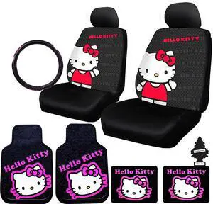 New Design Hello Kitty Car Accessories Seat Cover with 4 Rubber Mats, Steering Wheel Cover and Air Freshener bundle set