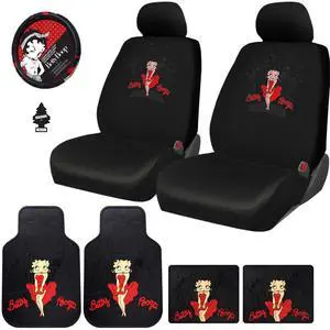 Platicolors Betty Boop Skyline Design Car Accessories Set New Seat Covers, Front and Rear Rubber Mats, Steering Wheel Cover Air Freshener Stylish Protection for Cars SUVs Trucks & Vans