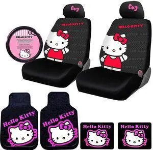 New Design Hello Kitty Car Accessories Seat Cover with 4 Rubber Mats, Steering Wheel Cover and Pink Bow Headrest Cover bundle set