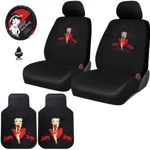 Yupbizauto Platicolors Betty Boop Skyline Design Car Accessories Set New Seat Covers, Front Rubber Mats, Steering Wheel Cover Air Freshener Stylish Protection for Cars SUVs Trucks & Vans Idea