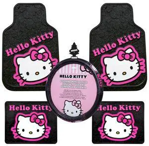 Hello Kitty Collage Design Sanrio Front & Rear Car Truck SUV Seat Rubber Floor Mats and Steering Wheel Cover Bundle Set -6 PC