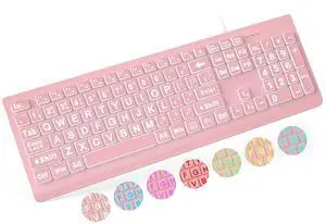 SABLUTE Large Print Backlit Keyboard, Wired USB Lighted Computer Keyboards with 7-Color & 4 Modes Backlit, Oversize Letters Keys Easy to See and Type, Quiet Keyboard Compatible for PC, Laptop -Pink