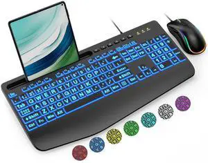 SABLUTE Keyboard and Mouse Combo Wired, Large Print Computer Keyboards with Wrist Rest, Lighted RGB Backlit Keyboard Easy to See,  Ergonomic Light Up USB Keyboard Set for PC, Windows, Laptop