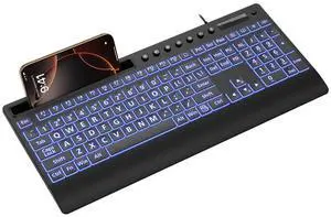 SABLUTE Large Print Backlit Keyboard, USB Wired Computer Keyboard with Backlight Memory Function, Wrist Palm, 7-Color Lighted Office Home Keyboards,Light Up Keyboard for Windows Desktop, Laptop, PC