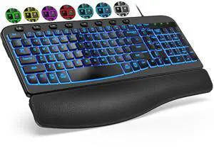 Ergonomic Keyboard Wired with Cushioned Wrist & Palm Rest, Backlit Computer Keyboards with 7-Color Adjustable Backlight, Comfortable Natural Wave Keys for Windows/Mac, Desktop Laptop