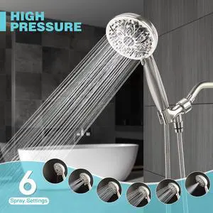 AOSJ-Shower Head with Handheld, High Pressure Handheld Shower Head 6 Settings, Detachable Set with Stainless Steel Hose and Shower Bracket (Brushed Nickel)