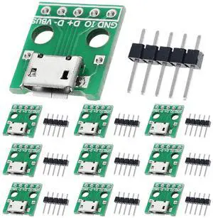 Vszerda 10 Pcs Micro USB Female to DIP Adapter 2.54mm 5 Pin USB 2.0 Micro USB Socket to DIP Converter Breakout Board for DIY Power Supply with 50 Pin Header