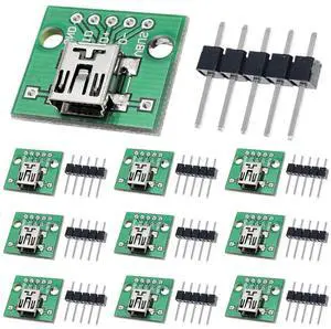 Vszerda 10 Pcs Mini USB Female to DIP Adapter 2.54mm 5 Pin USB 2.0 Mini USB Socket to DIP Converter Breakout Board for DIY Power Supply with 50 Pin Header