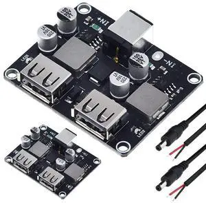 Vszerda 2 Pcs 6-32V 9V 12V 24V to 5V Fast Charging Module Dual USB QC3.0 QC2.0 DC-DC Buck Converter Step-Down Quick Charger Circuit Board with DC Power Cable