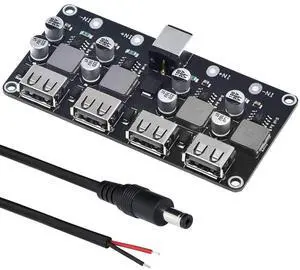 Vszerda 6-32V 9V 12V 24V to 5V Fast Charging Module 4 Port USB QC3.0 QC2.0 DC-DC Buck Converter Step-Down Quick Charger Circuit Board with USB Cable, 24AWG Wire