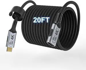 Vszerda USB c Braided Data Extension Cable 20ft/6M, USB c Extension Cable 20 gbps Data Transfer/100W Fast Charging/Video Output at 4K@60Hz for Monitor,USB Male to usbc-c Female Cable