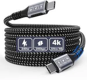 Vszerda 20FT/6M USB-C to USB-C 20Gbps Cable, 4K@60Hz Video, 240W PD Fast Charging, Durable Braided Nylon USB-C Cord for MacBook, Samsung Galaxy, iPad, iPhone 17/16/15