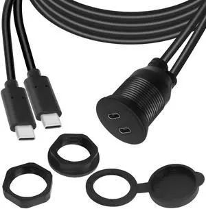 Vszerda 2 USB C Threaded Flush Mount Waterproof Cable Dual USB C 2.0 Male to Female Car Dash Mount Extension Cable for Car Boat Truck Yacht Motorcycle 1m/3.3ft