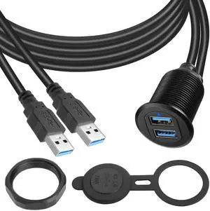 Vszerda Dual USB 3.0 Embedded Car Waterproof Cable 2 USB3.0 Male to 2 Female Threaded Fixed Mount Extension Cable, LED Light Aluminium Housing, for Instrument Panel Car Boat Motorbike, 2M/6.5ft