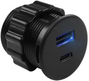 Vszerda 2 Port USB C & USB Threaded Fixed Fast Charging Adapter 15W USB C + USB A Embedded Mount Round Connector Socket 5V/3.1A,LED Light, Mount on Furniture Desktop, Black (only for USB Charge)