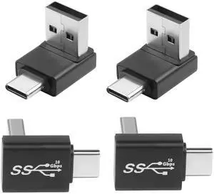 Vszerda 90° Angle USB3.1 Male to USB C Male Charging Adapter 10Gbps USB3.1 to USB C Data Connector Right Angle Plug QC60W/PD15W (only A to C), for Wall Charger Phone Laptop,4Pcs (Positive Bend/Down)