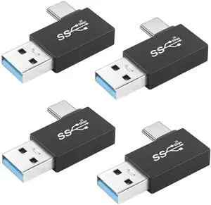 Vszerda 90° Angle USB3.1 Male to USB C Male Charging Adapter 10Gbps USB3.1 Plug to USB C Plug Left Angle Data Connector QC60W/PD15W (only A to C), for Wall Charger PC Laptop,4Pcs (Left Bend)