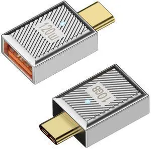 Vszerda PD120W 10Gbps USB C to USB3.1 OTG Adapter USB C Male to USB3.1 Female Fast Charger Data Connector, Zn Alloy/LED Light, for Phone Tablet External Mouse Keyboard,Silver, 2Pcs