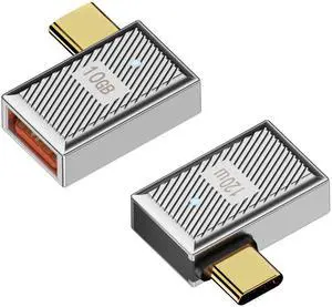 Vszerda 10Gbps USB C to USB3.1 90° Angle OTG Adapter 120W Type C Male to USB3.1 Female Right Angle Charger Data Connector, Zn Alloy/LED Light, for Phone Laptop Tablet, Silvery/Side Bend, 2Pcs