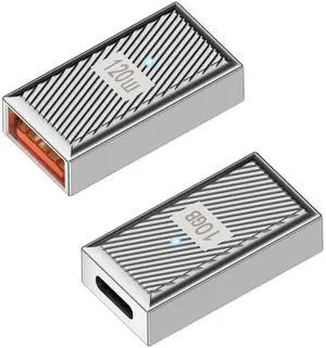 Vszerda PD120W USB C Female to USB3.1 Female OTG Adapter Extender 10Gbps Type C Jack to USB3.1 Jack Fast Charging Data Connector Coupler,Zn Alloy/LED Light Audio/Video,Silvery,2Pcs