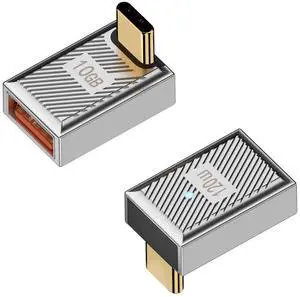 Vszerda 120W 90° Angle USB C to USB3.1 OTG Adapter 10Gbps USB C Male to USB3.1 Female Right Angle Data Connector 24V5A Charging/Zn Alloy/LED, for Phone Tablet Steam Deck, Silver/Positive Bend, 2Pcs