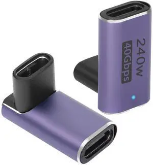 Vszerda USB4.0 C Female 90 Degree Angle Adapter Coupler 240W 40Gbps Type C 4.0 Female to Female Right Angle Connector Extender, LED Indicator 8K Audio/Video Transmission, 2Pcs(Front Bend F/F)
