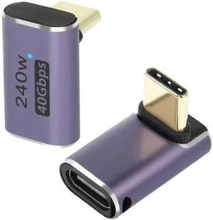 Vszerda USB4.0 C 90 Degree Angle Adapter 240W 40Gbps Type C 4.0 Male to Female Right Angle Coupler, LED Indicator, 8K Audio/Video Transfer, for Smartphone Tablet Steam Deck, 2 Pcs (Forward Bend)