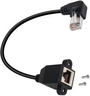 Vszerda 90°Angle RJ50 10P10C Panel Mount Ethernet Extension Cable, 10P 10C Female to Right Angle Male Communication Extension Cable, Cat5E, Shielded, 30cm/11.8in (Right Bend)