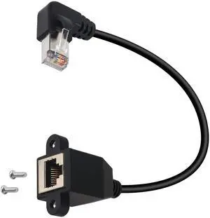 Vszerda 90°Angle RJ50 10P10C Panel Mount Ethernet Extension Cable, 10P 10C Female to Right Angle Male Communication Extension Cable, Cat5E, Shielded, 30cm/11.8in (Left Bend)