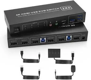 Vszerda USB 3.0 HDMI KVM Switch 2 Montiors 2 Computers, 4K@60Hz KVM Switch Dual Monitor with 3 USB 3.0 Ports and Audio, 2 Port KVM Switch with Dual Monitor Cross Display for 2 Computers