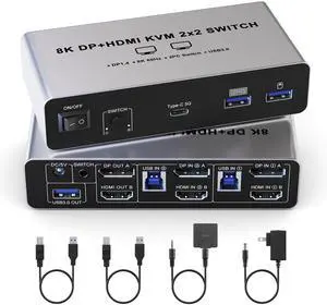 Vszerda Displayport HDMI KVM Switch 8K@60Hz 2 Monitors 2 Computers, Aluminum with 4 USB 3.0 Ports for 2 Computers Share Dual Monitors Keyboard Mouse Printer with 2 USB Cables/Power Adapter/Controller Vszerda Displayport HDMI KVM Switch 8K@60Hz 2 Monitors 2 Computers, Aluminum with 4 USB 3.0 Ports for 2 Computers Share Dual Monitors Keyboard Mouse Printer with 2 USB Cables/Power Adapter/Controller