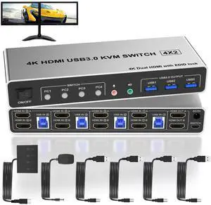 Vszerda 4 Port USB 3.0 KVM Switch Dual Monitor HDMI 4K 60Hz, KVM Switch 2 Monitors for 4PCs Supports EDID, KVM Switch 4 Computers with Audio Microphone Output and 3 USB 3.0 Ports, 4 in 2 Out KVM