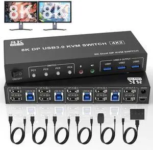 8K@60Hz Displayport USB 3.0 KVM Switch 2 Monitors 4 Computers, DP1.4 KVM Switch Dual Monitor with Audio Microphone Output and 3 USB 3.0 Ports, 4 Port KVM Switch Displayport for 4 PCs 2 Monitors
